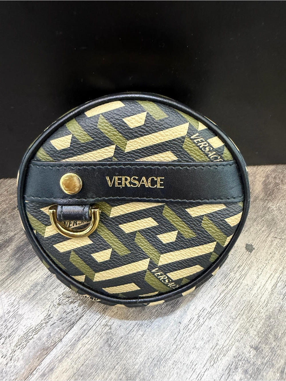 Versace Black, Olive & Beige Patterned Round Coin Case with Gold Hardware